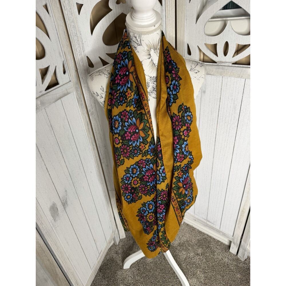 Vintage Colorful Floral Yellow 70s Gold Scarf 70in X 28in Boho